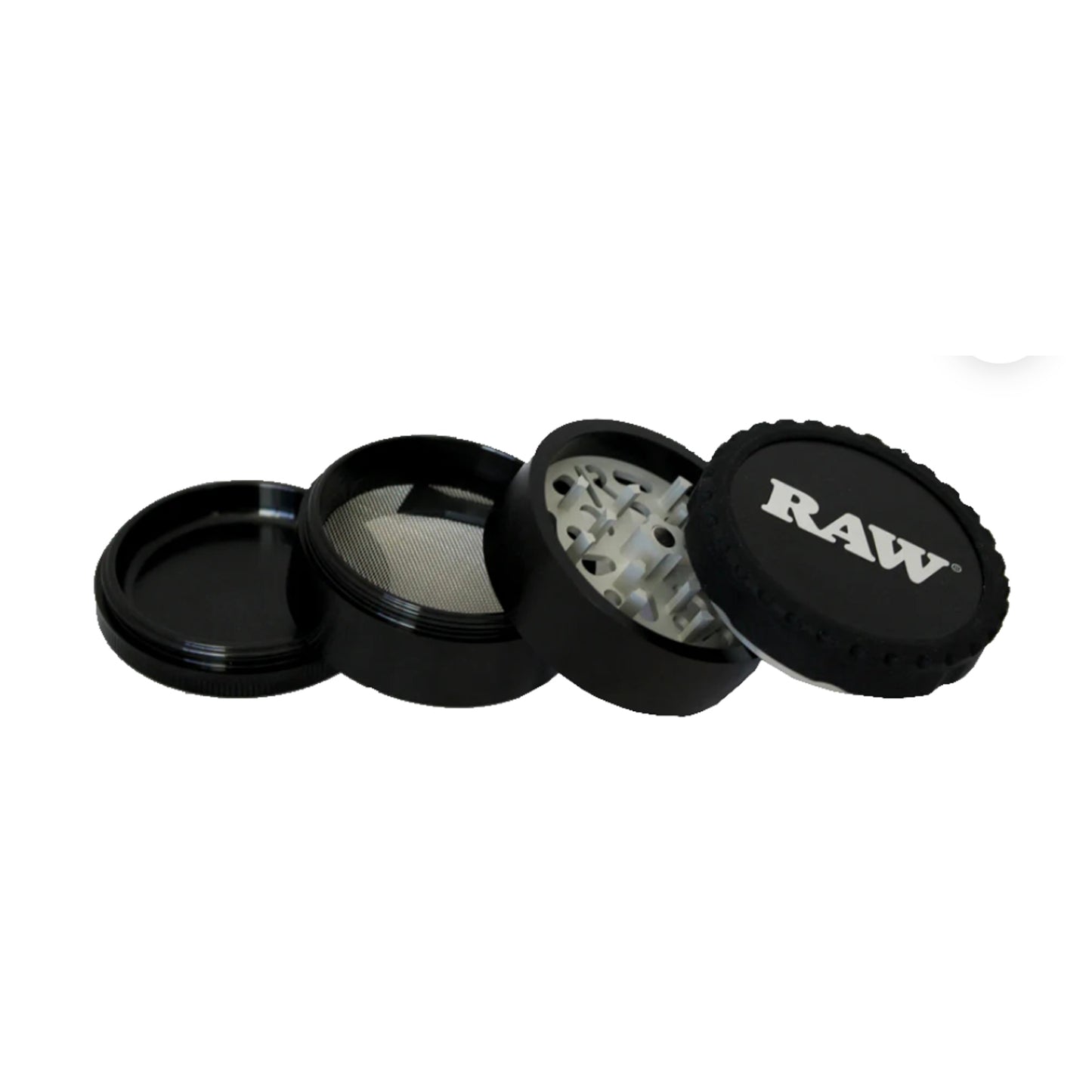 RAW Life Grinder – Black 4-piece modular grinder with large catch basin and stainless steel screen