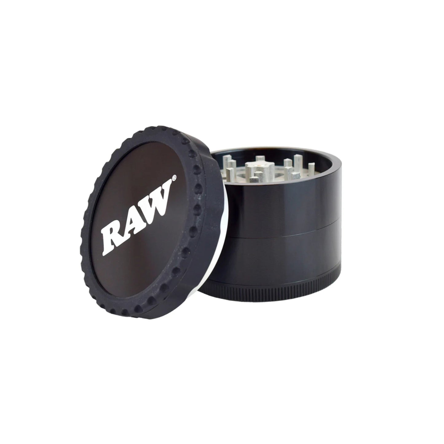 RAW Life Grinder – Black 4-piece modular grinder with large catch basin and stainless steel screen