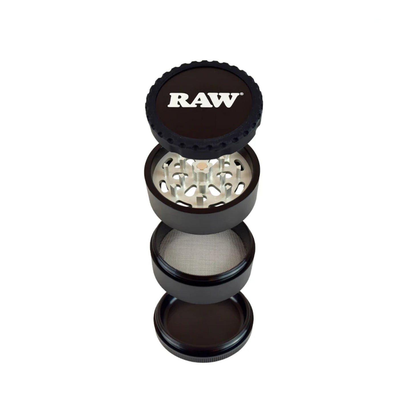 RAW Life Grinder – Black 4-piece modular grinder with large catch basin and stainless steel screen