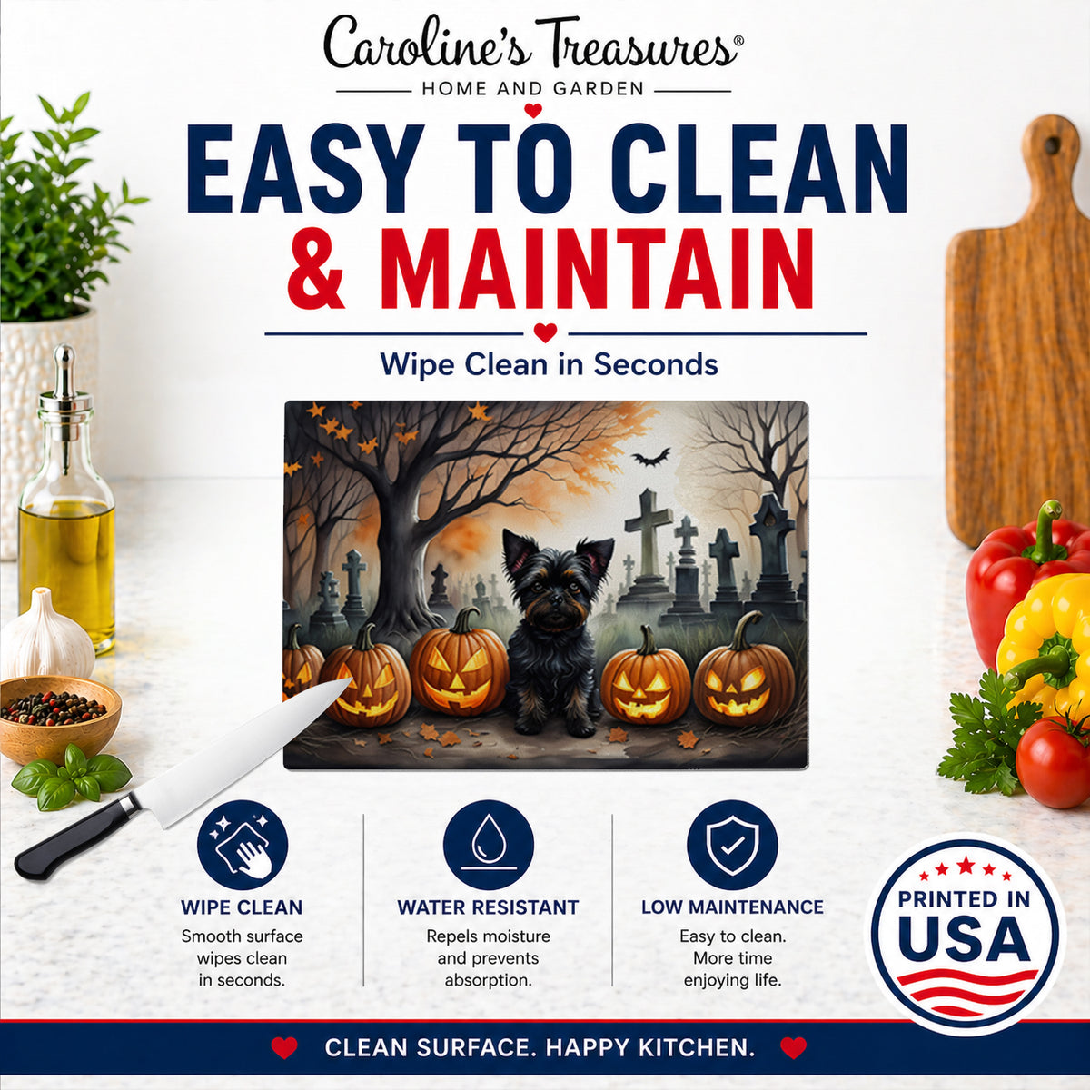 Caroline's Treasures DAC2002LCB Affenpinscher Spooky Halloween Glass Cutting Board Large Decorative Tempered Glass Kitchen Cutting and Serving Board Large Size Chopping Board