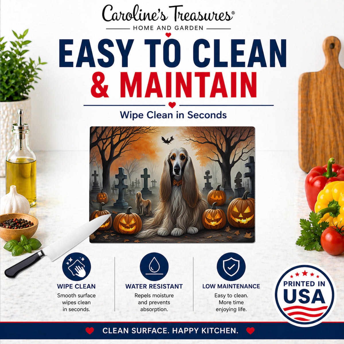 Caroline's Treasures DAC2003LCB Afghan Hound Spooky Halloween Glass Cutting Board Large Decorative Tempered Glass Kitchen Cutting and Serving Board Large Size Chopping Board
