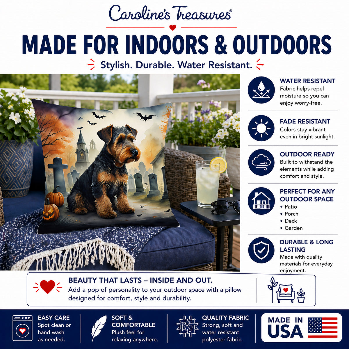 Caroline's Treasures DAC2004PW1818 Airedale Terrier Spooky Halloween Fabric Decorative Pillow Machine Washable, Indoor Outdoor Decorative Pillow for Couch, Bed or Patio, 18Hx18W