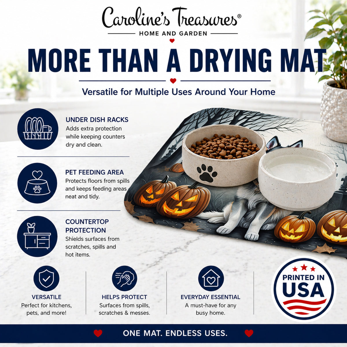 Caroline's Treasures DAC2007DDM Alaskan Malamute Spooky Halloween Dish Drying Mat Absorbent Dish Drying Mat Pad for Kitchen Counter Dish Drainer Mat for Countertop, 14 x 21, Multicolor