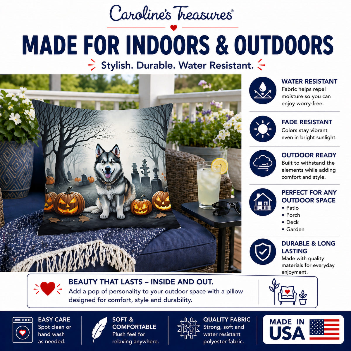 Caroline's Treasures DAC2007PW1818 Alaskan Malamute Spooky Halloween Fabric Decorative Pillow Machine Washable, Indoor Outdoor Decorative Pillow for Couch, Bed or Patio, 18Hx18W