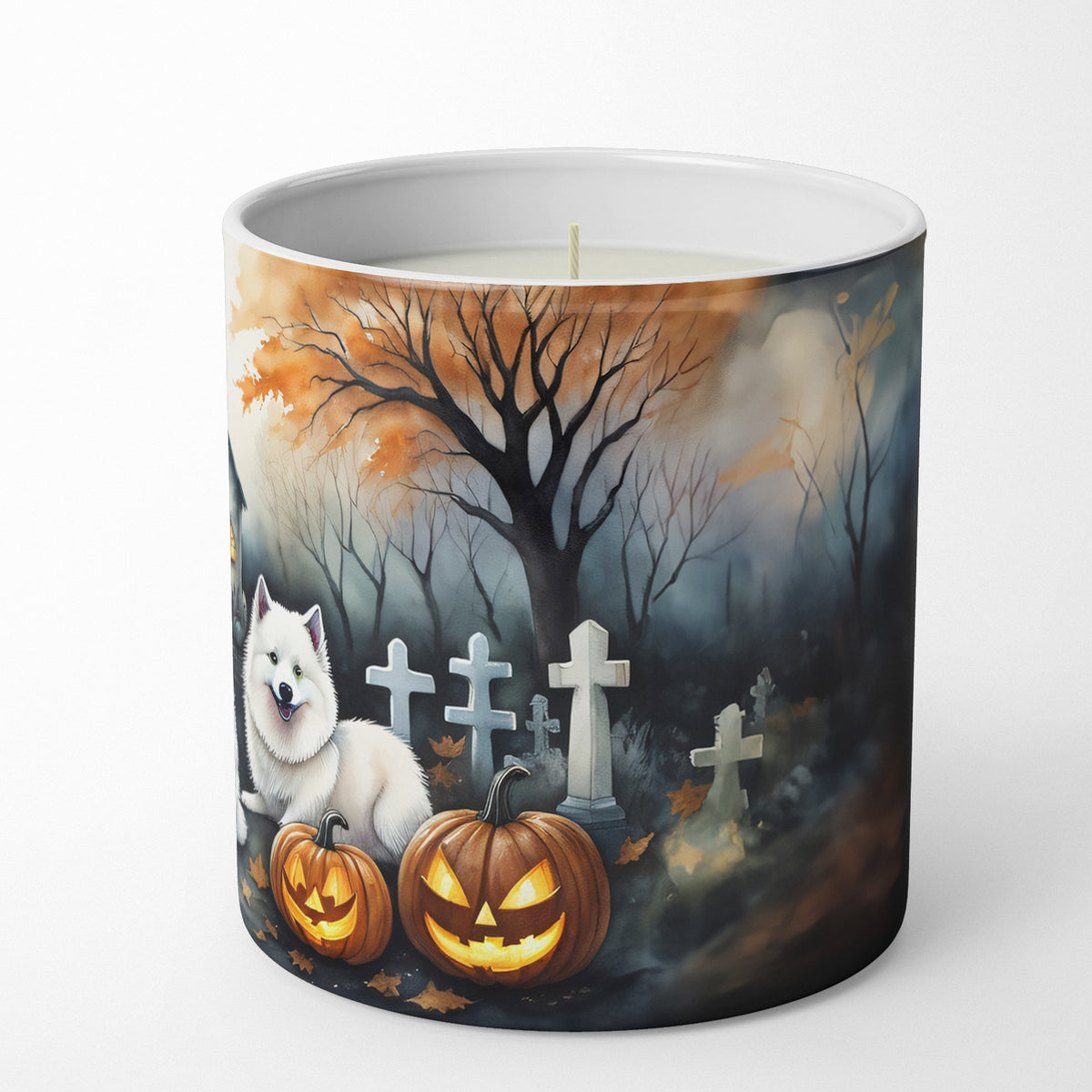 Caroline's Treasures DAC2008CDL American Eskimo Spooky Halloween Decorative Soy Candle Nature Soy Wax Essential Oil Home Decor Ideal for Bedroom Kitchen Bath Office Gift, 10 oz