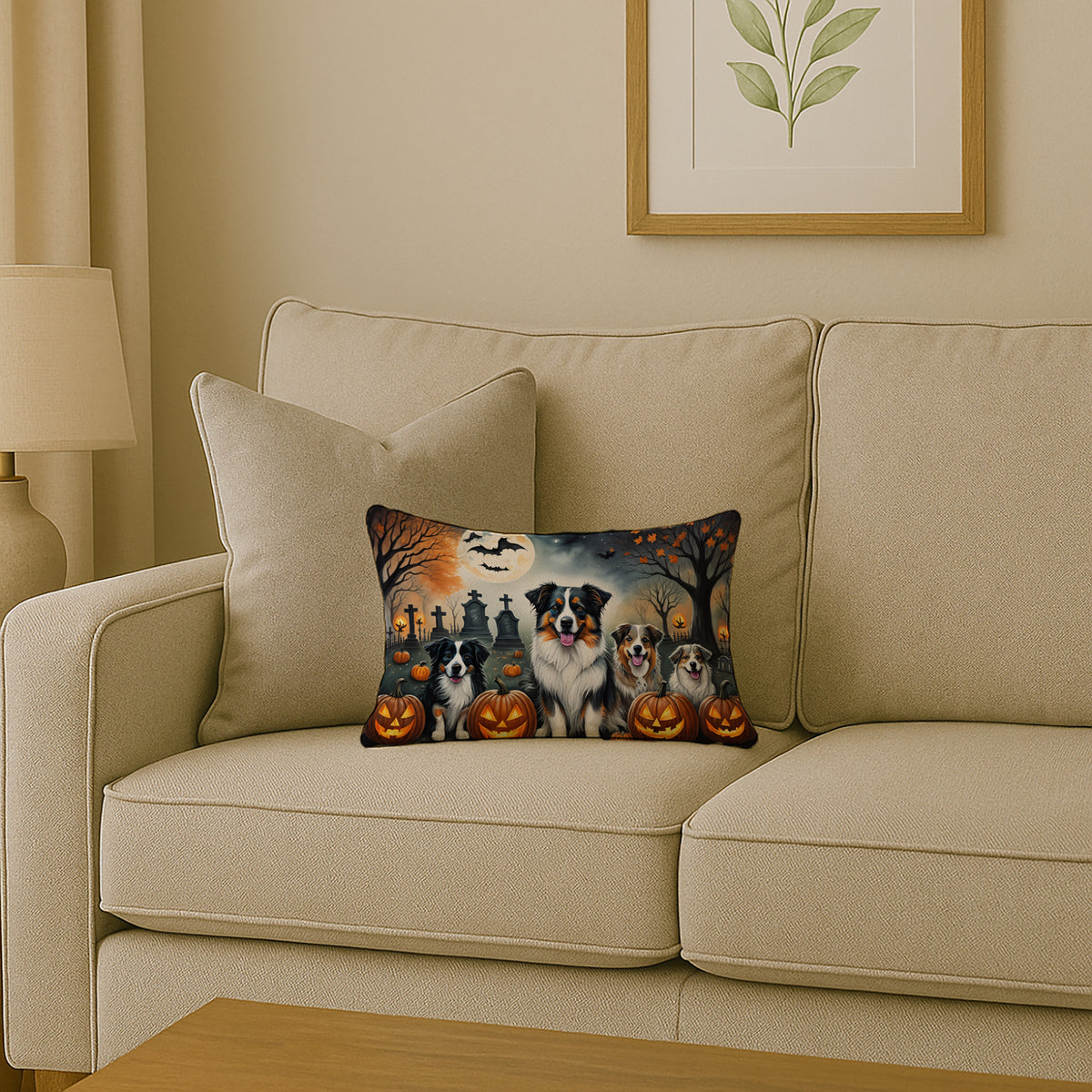 Caroline's Treasures DAC2009PW1216 Australian Shepherd Spooky Halloween Fabric Decorative Pillow Machine Washable, Indoor Outdoor Decorative Pillow for Couch, Bed or Patio, 12HX16W
