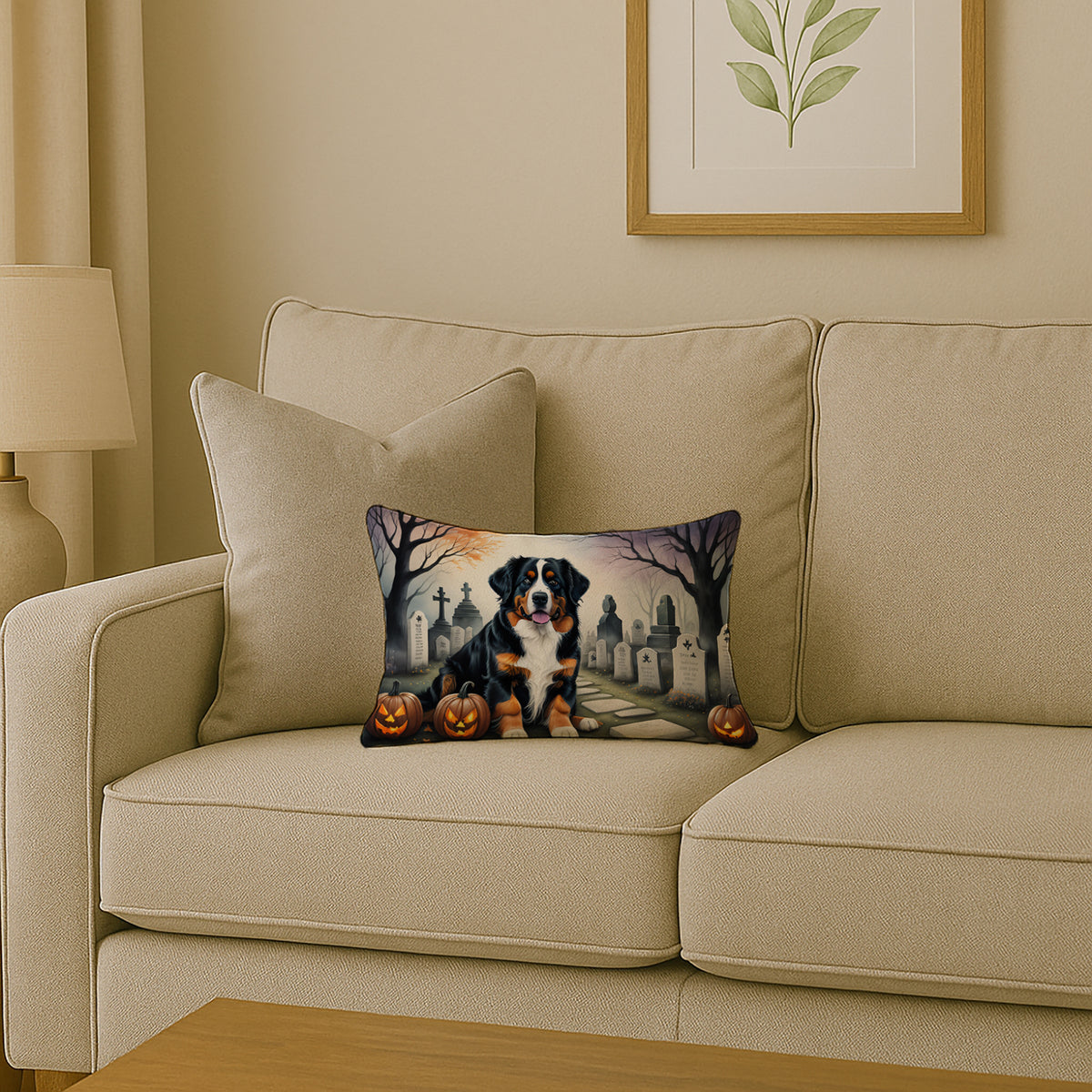 Caroline's Treasures DAC2014PW1216 Bernese Mountain Dog Spooky Halloween Fabric Decorative Pillow Machine Washable, Indoor Outdoor Decorative Pillow for Couch, Bed or Patio, 12HX16W
