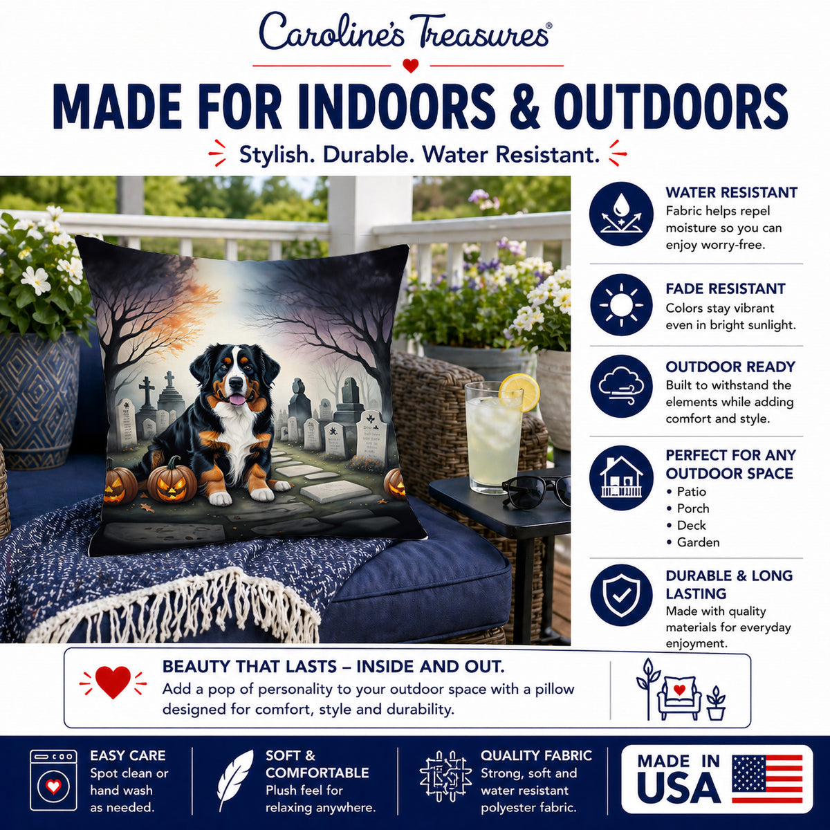Caroline's Treasures DAC2014PW1818 Bernese Mountain Dog Spooky Halloween Fabric Decorative Pillow Machine Washable, Indoor Outdoor Decorative Pillow for Couch, Bed or Patio, 18Hx18W