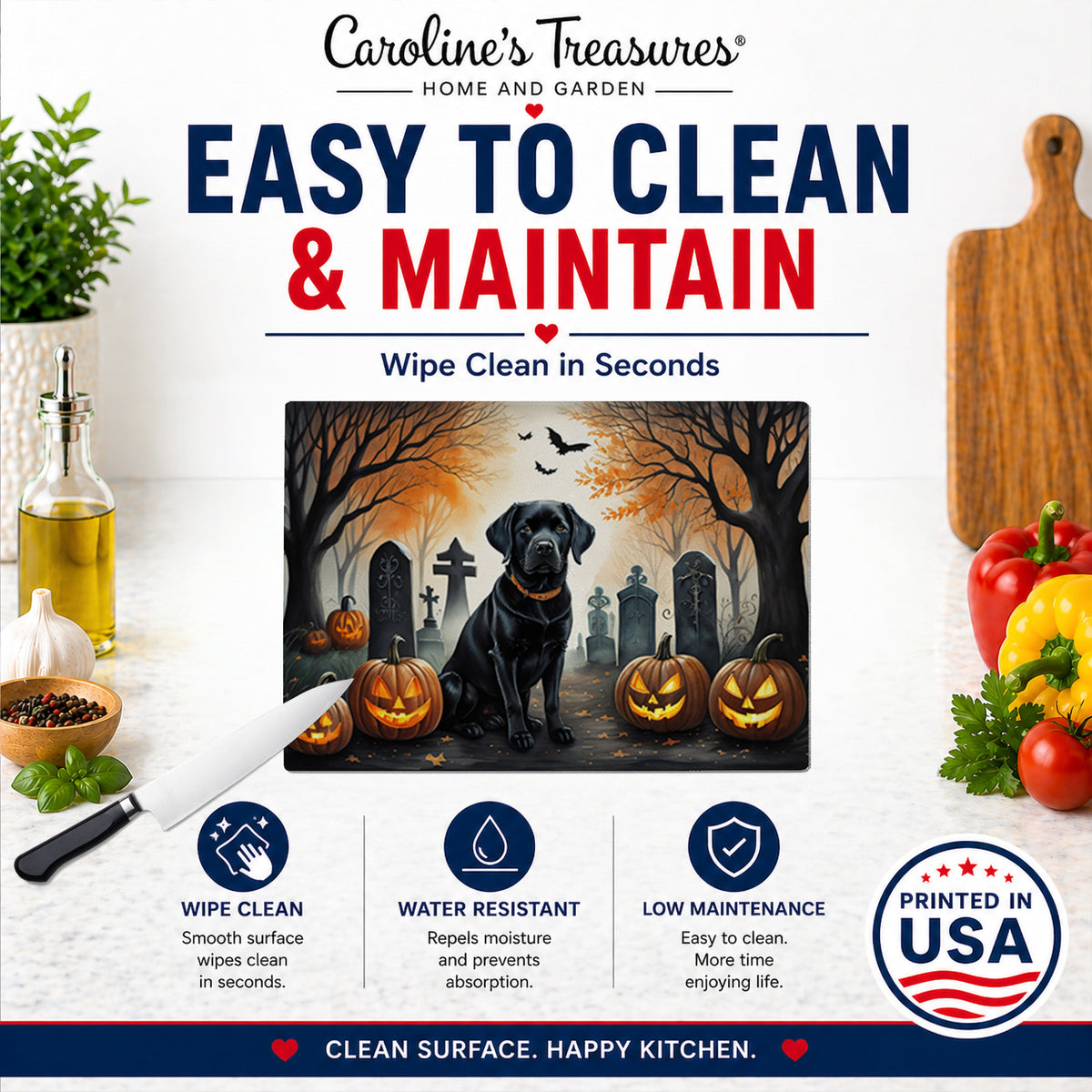 Caroline's Treasures DAC2015LCB Black Labrador Retriever Spooky Halloween Glass Cutting Board Large Decorative Tempered Glass Kitchen Cutting and Serving Board Large Size Chopping Board