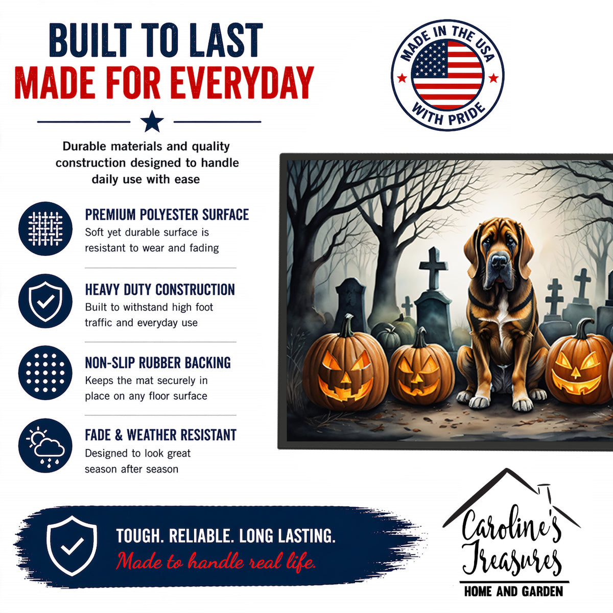 Caroline's Treasures DAC2017JMAT Bloodhound Spooky Halloween Indoor or Outdoor Mat 24x36 Front Door Mat Indoor Outdoor Rugs for Entryway, Non Slip Washable Low Pile, 24H X 36W