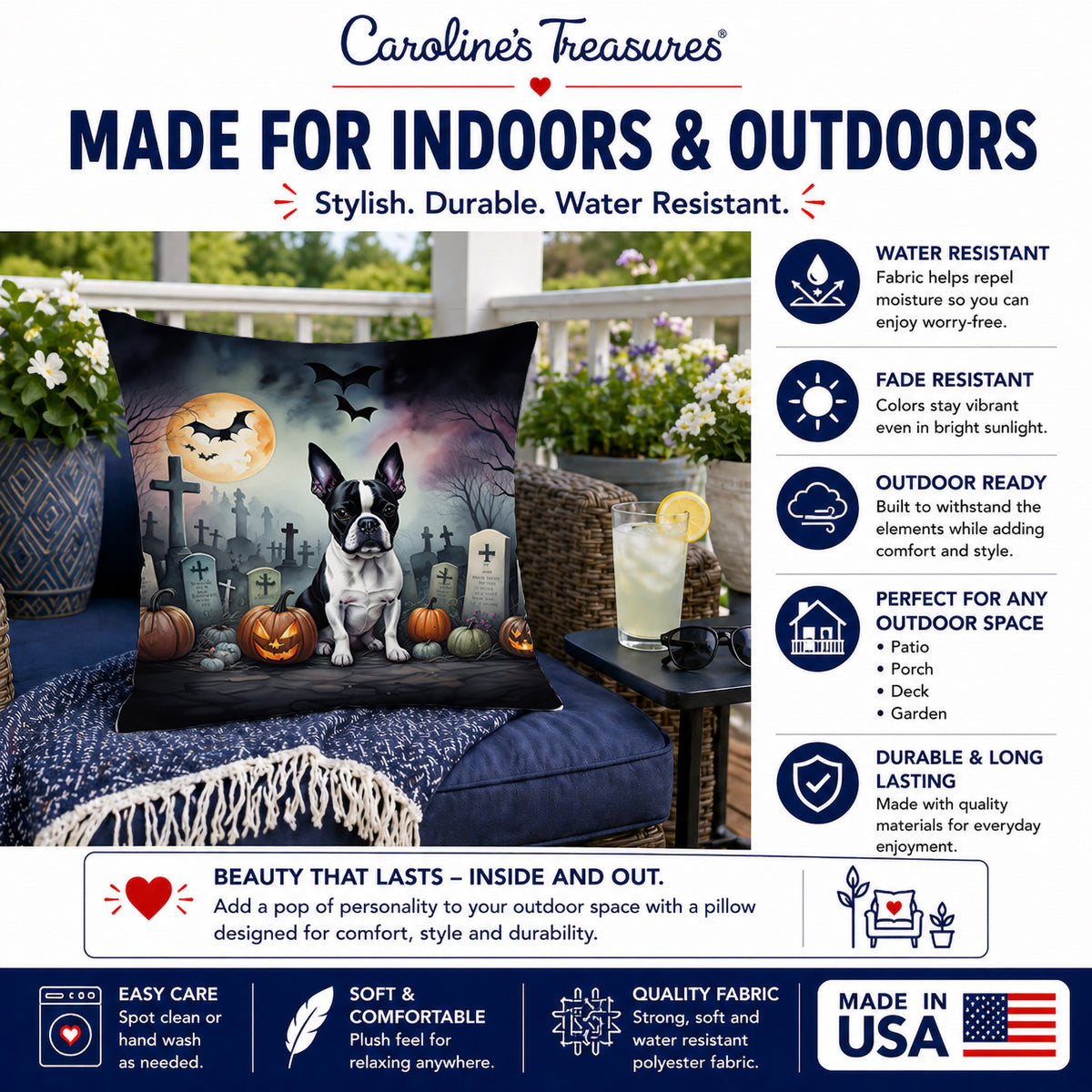 Caroline's Treasures DAC2020PW1818 Boston Terrier Spooky Halloween Fabric Decorative Pillow Machine Washable, Indoor Outdoor Decorative Pillow for Couch, Bed or Patio, 18Hx18W