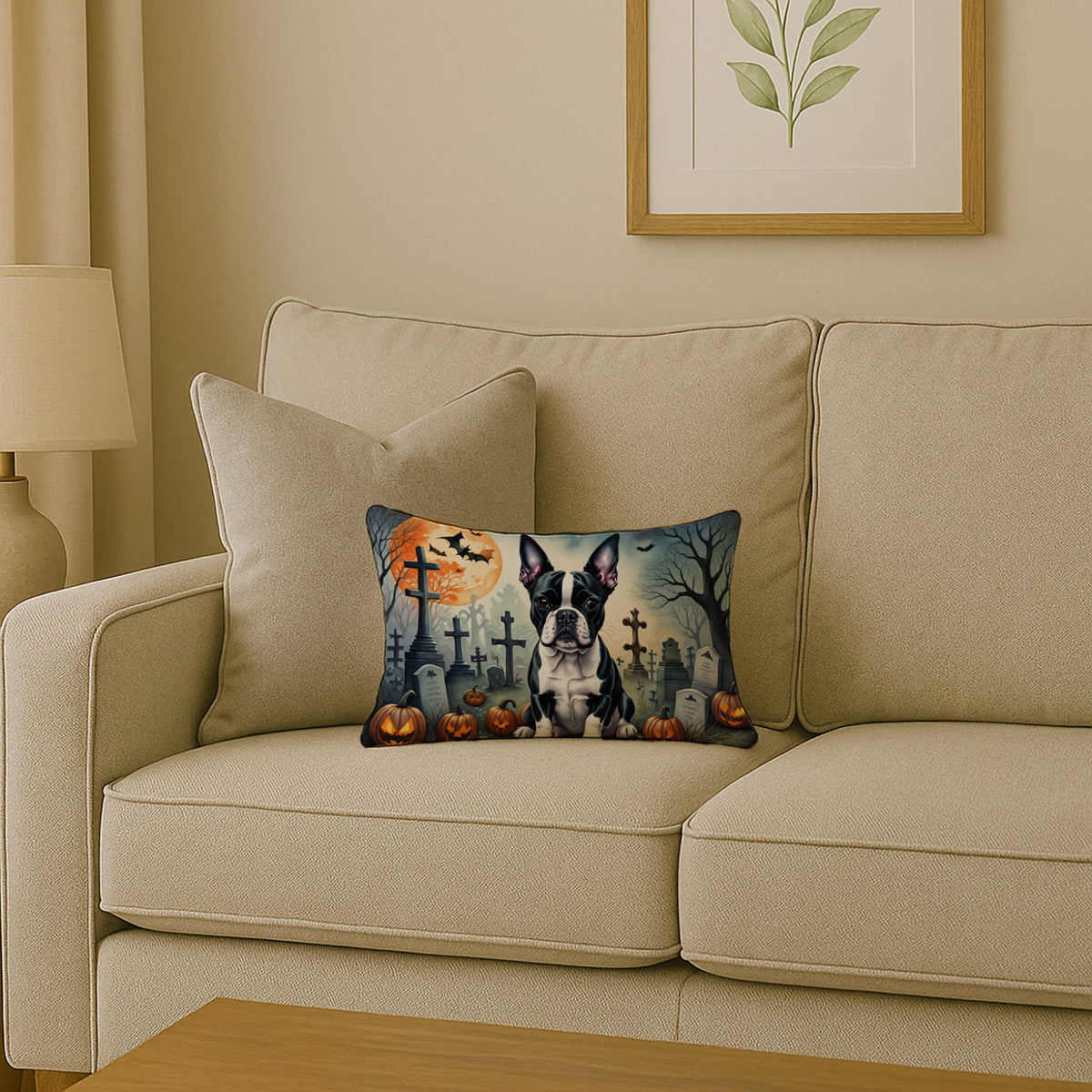 Caroline's Treasures DAC2021PW1216 Boston Terrier Spooky Halloween Fabric Decorative Pillow Machine Washable, Indoor Outdoor Decorative Pillow for Couch, Bed or Patio, 12HX16W