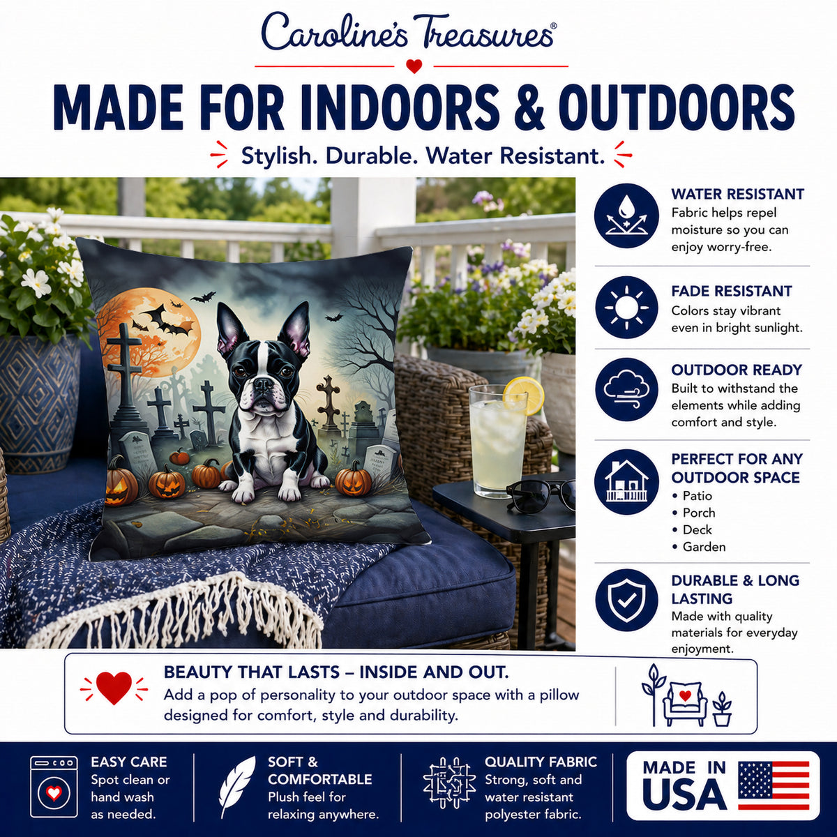 Caroline's Treasures DAC2021PW1818 Boston Terrier Spooky Halloween Fabric Decorative Pillow Machine Washable, Indoor Outdoor Decorative Pillow for Couch, Bed or Patio, 18Hx18W