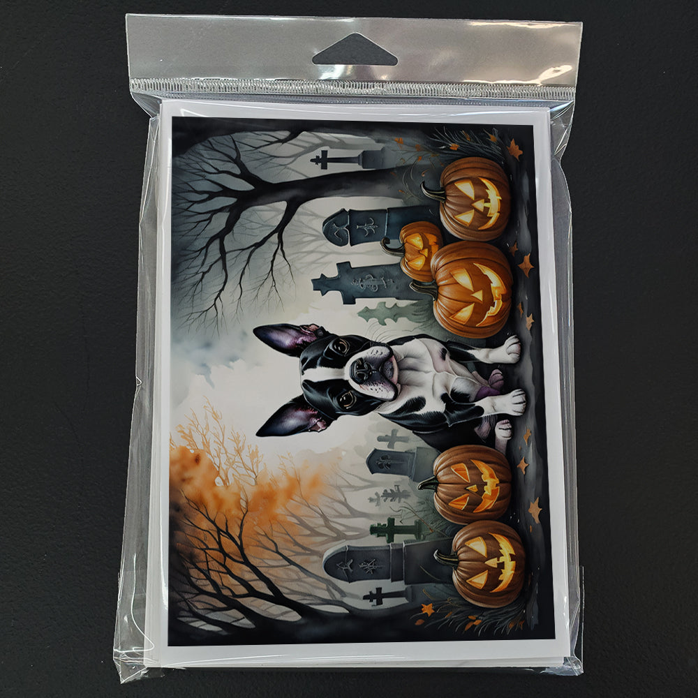 Caroline's Treasures DAC2022GCA7P Boston Terrier Spooky Halloween Greeting Cards and Envelopes Pack of 8 Blank Cards with Envelopes Whimsical A7 Size 5x7 Blank Greeting Cards