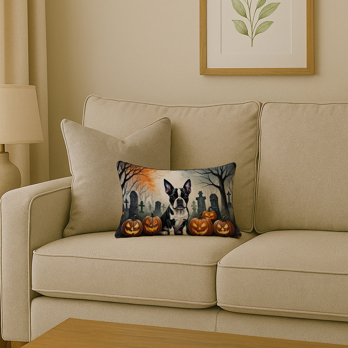 Caroline's Treasures DAC2022PW1216 Boston Terrier Spooky Halloween Fabric Decorative Pillow Machine Washable, Indoor Outdoor Decorative Pillow for Couch, Bed or Patio, 12HX16W