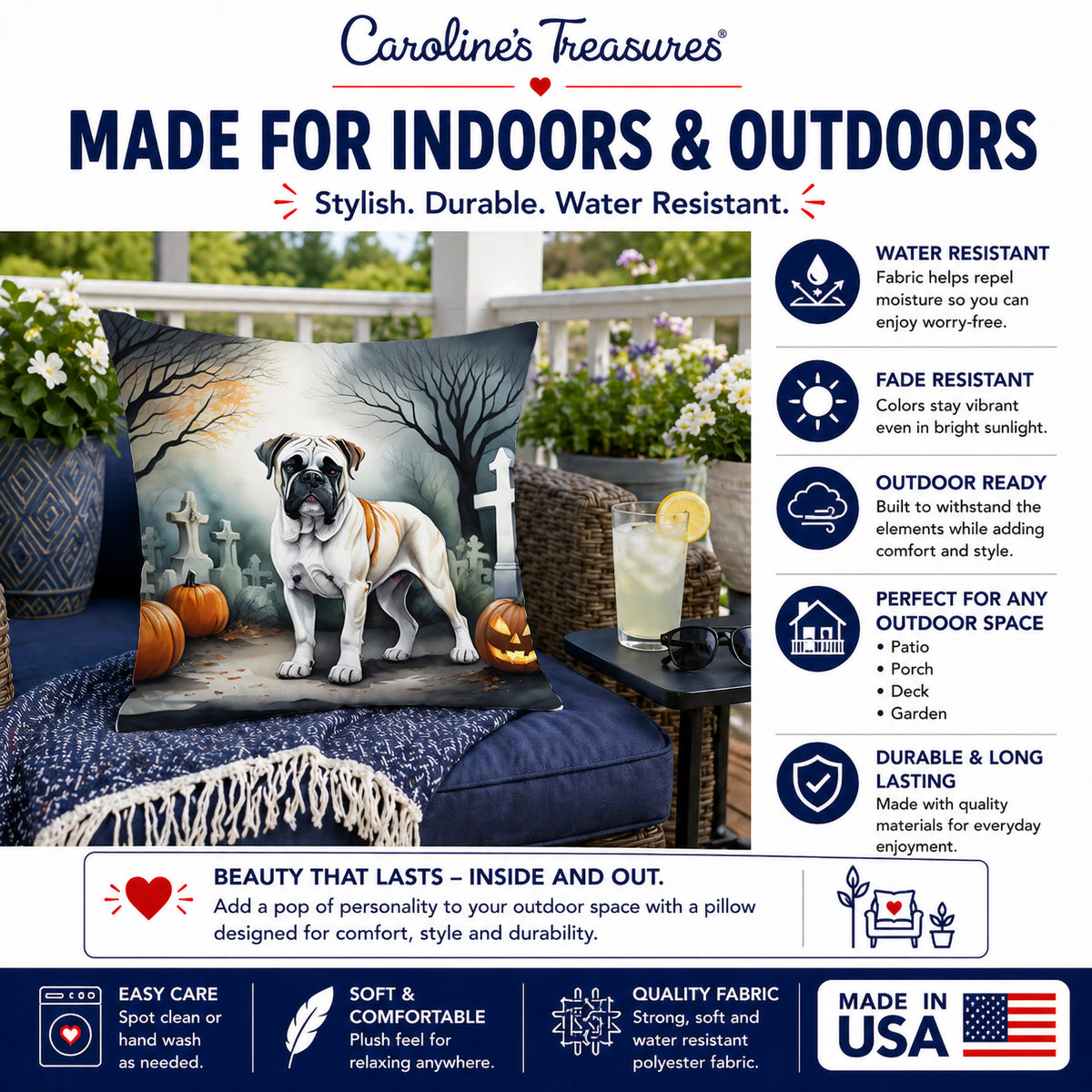 Caroline's Treasures DAC2025PW1818 Boxer Spooky Halloween Fabric Decorative Pillow Machine Washable, Indoor Outdoor Decorative Pillow for Couch, Bed or Patio, 18Hx18W