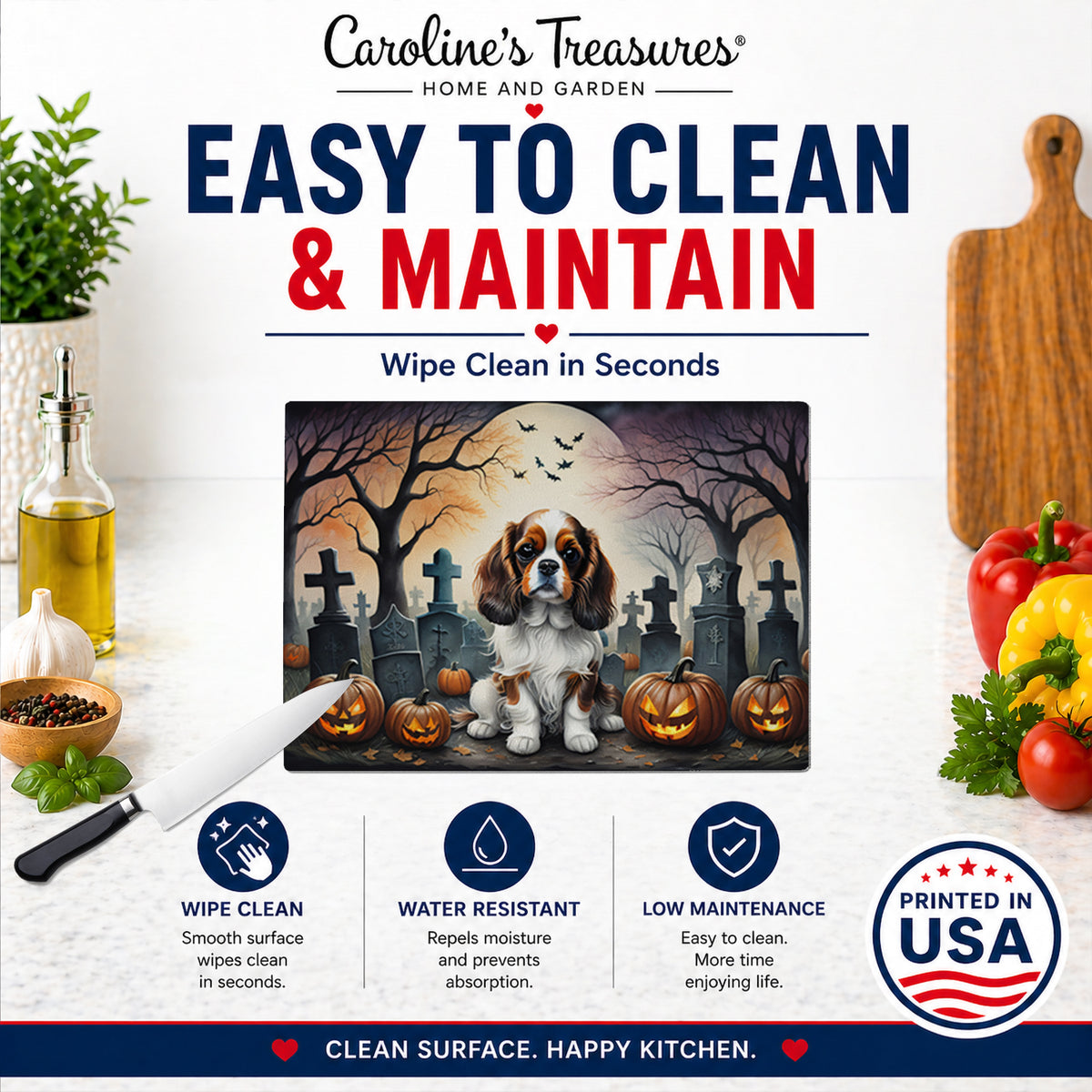 Caroline's Treasures DAC2028LCB Cavalier Spaniel Spooky Halloween Glass Cutting Board Large Decorative Tempered Glass Kitchen Cutting and Serving Board Large Size Chopping Board