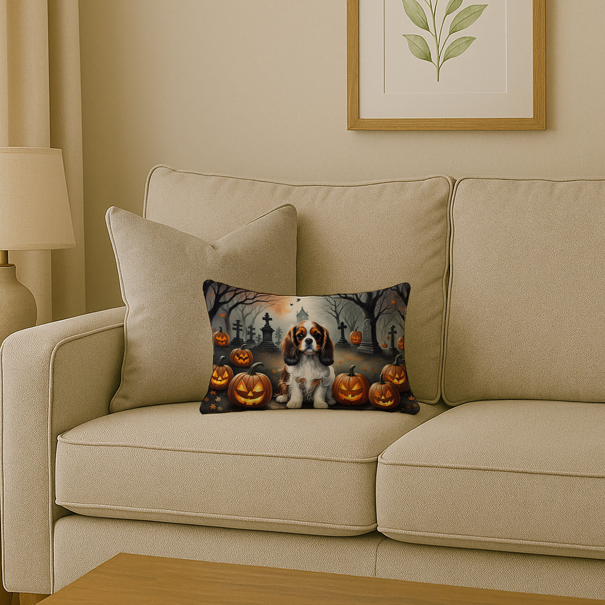 Caroline's Treasures DAC2029PW1216 Cavalier Spaniel Spooky Halloween Fabric Decorative Pillow Machine Washable, Indoor Outdoor Decorative Pillow for Couch, Bed or Patio, 12HX16W