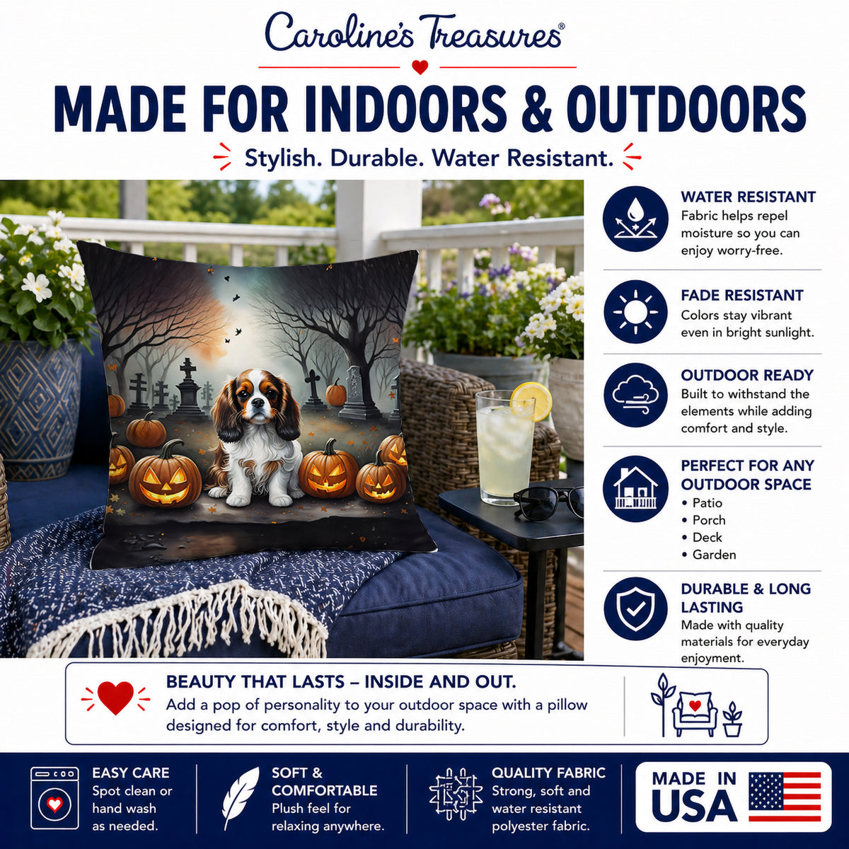 Caroline's Treasures DAC2029PW1414 Cavalier Spaniel Spooky Halloween Fabric Decorative Pillow Machine Washable, Indoor Outdoor Decorative Pillow for Couch, Bed or Patio, 14Hx14W