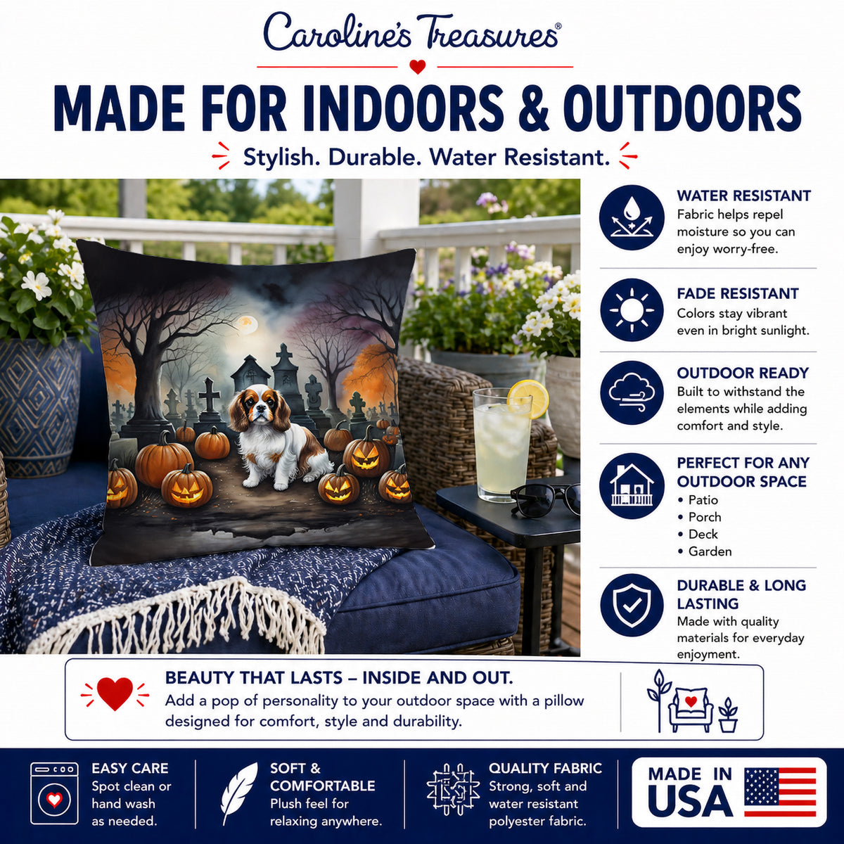 Caroline's Treasures DAC2030PW1414 Cavalier Spaniel Spooky Halloween Fabric Decorative Pillow Machine Washable, Indoor Outdoor Decorative Pillow for Couch, Bed or Patio, 14Hx14W