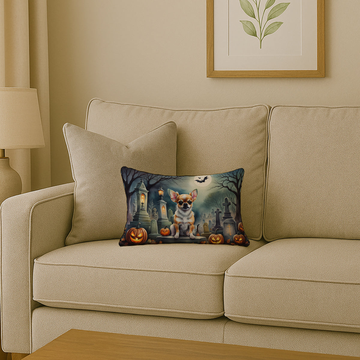 Caroline's Treasures DAC2031PW1216 Chihuahua Spooky Halloween Fabric Decorative Pillow Machine Washable, Indoor Outdoor Decorative Pillow for Couch, Bed or Patio, 12HX16W