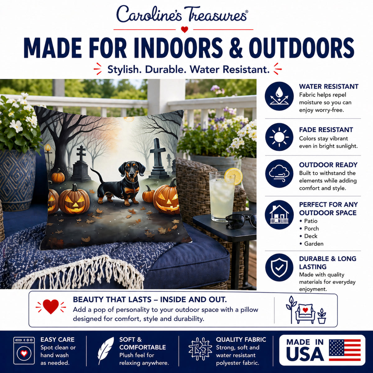 Caroline's Treasures DAC2037PW1414 Dachshund Spooky Halloween Fabric Decorative Pillow Machine Washable, Indoor Outdoor Decorative Pillow for Couch, Bed or Patio, 14Hx14W