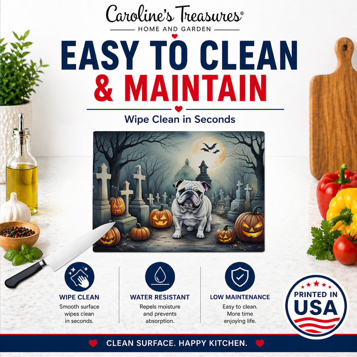 Caroline's Treasures DAC2039LCB English Bulldog Spooky Halloween Glass Cutting Board Large Decorative Tempered Glass Kitchen Cutting and Serving Board Large Size Chopping Board