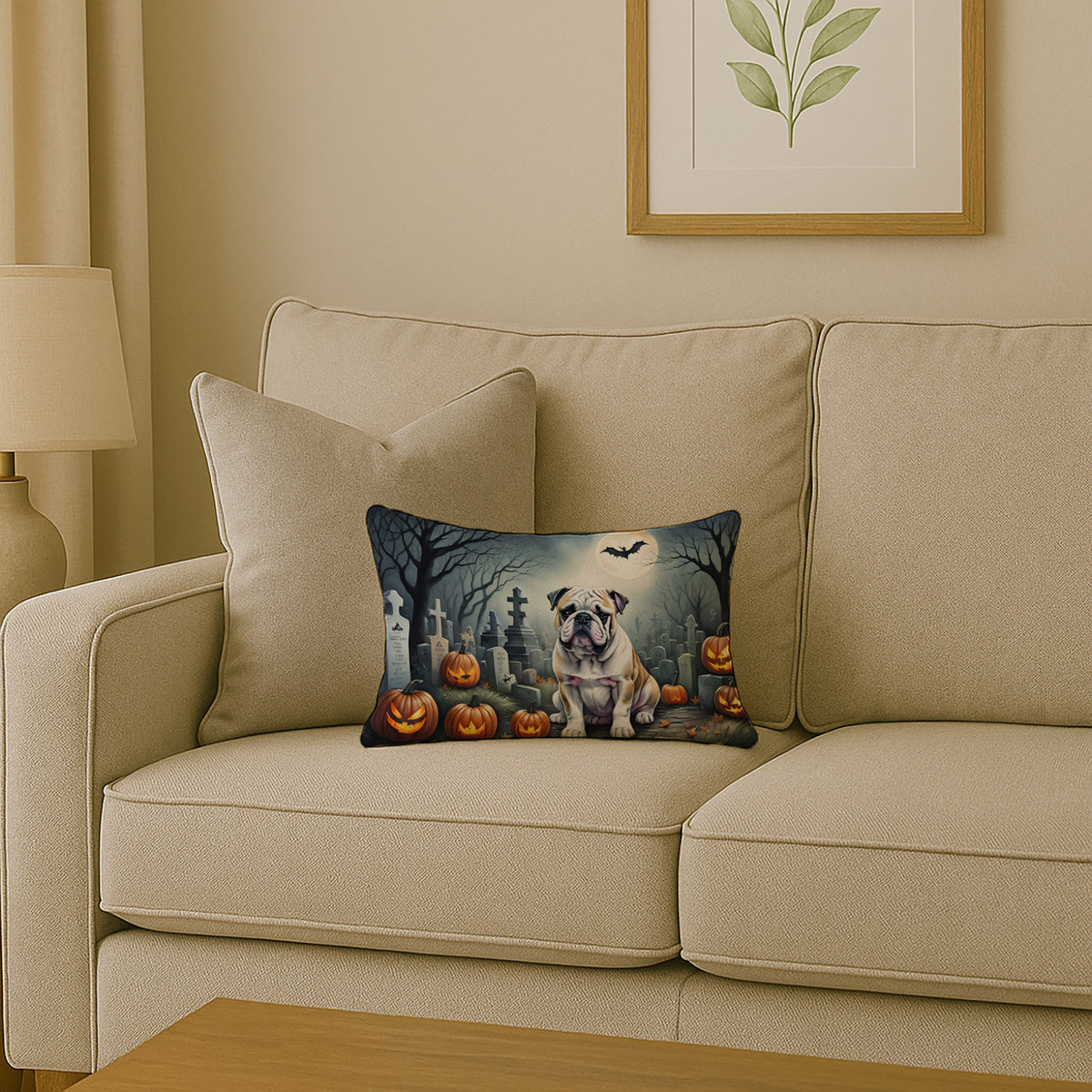 Caroline's Treasures DAC2040PW1216 English Bulldog Spooky Halloween Fabric Decorative Pillow Machine Washable, Indoor Outdoor Decorative Pillow for Couch, Bed or Patio, 12HX16W