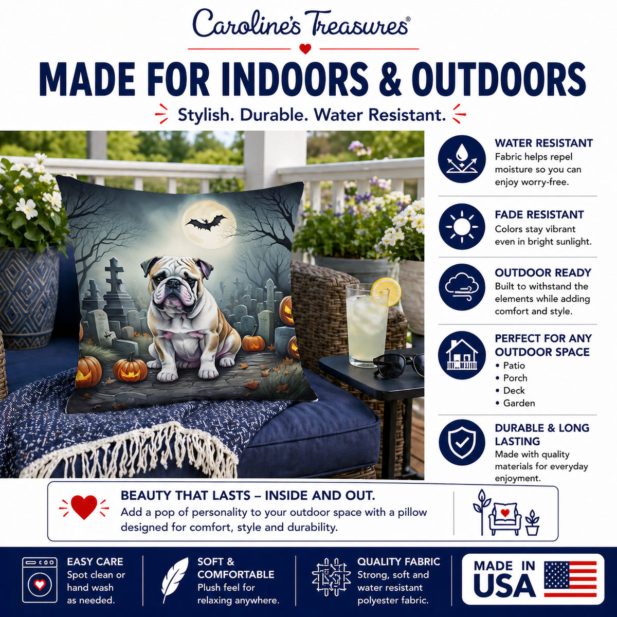 Caroline's Treasures DAC2040PW1818 English Bulldog Spooky Halloween Fabric Decorative Pillow Machine Washable, Indoor Outdoor Decorative Pillow for Couch, Bed or Patio, 18Hx18W