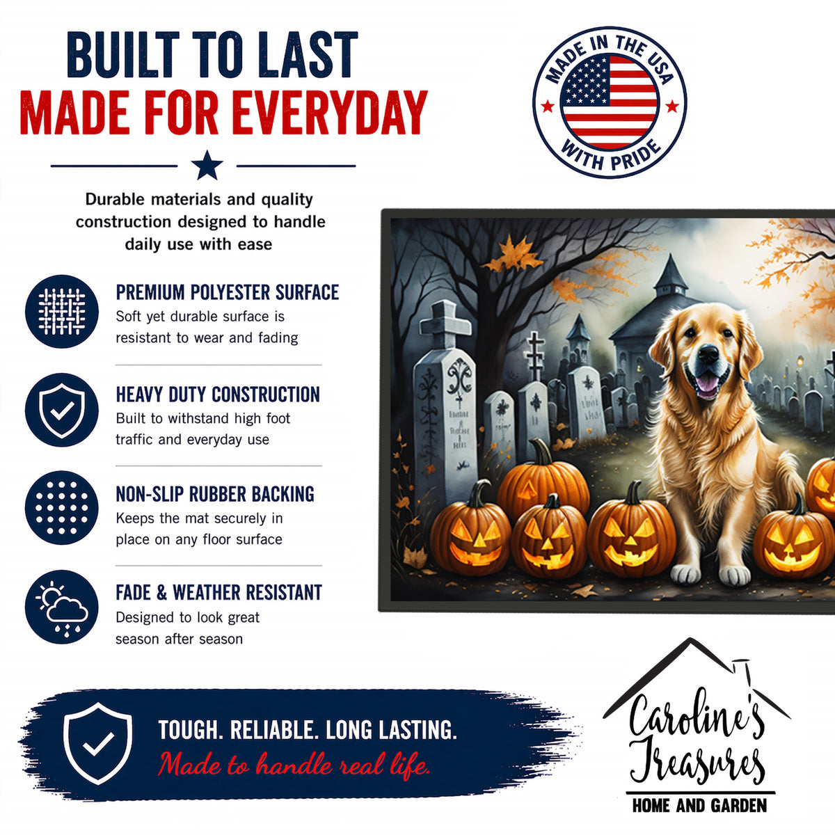 Caroline's Treasures DAC2042JMAT Golden Retriever Spooky Halloween Indoor or Outdoor Mat 24x36 Front Door Mat Indoor Outdoor Rugs for Entryway, Non Slip Washable Low Pile, 24H X 36W