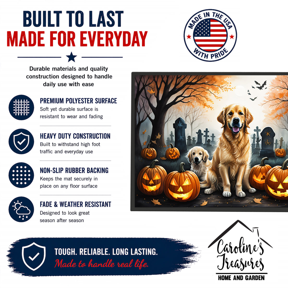 Caroline's Treasures DAC2043MAT Golden Retriever Spooky Halloween Doormat 18x27 Front Door Mat Indoor Outdoor Rugs for Entryway, Non Slip Washable Low Pile, 18H X 27W
