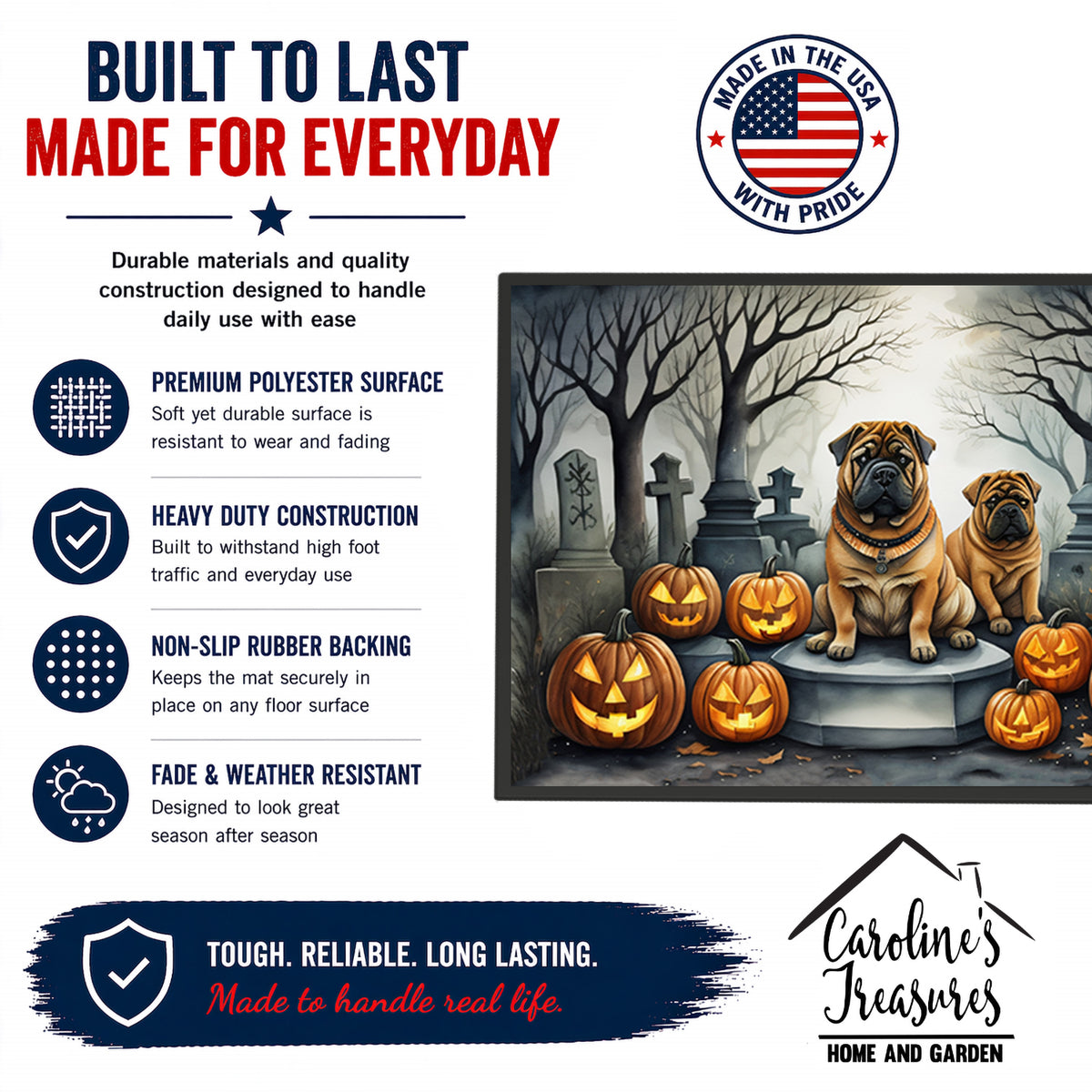 Caroline's Treasures DAC2052MAT Shar Pei Spooky Halloween Doormat 18x27 Front Door Mat Indoor Outdoor Rugs for Entryway, Non Slip Washable Low Pile, 18H X 27W