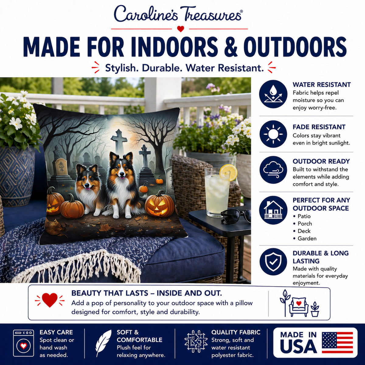 Caroline's Treasures DAC2053PW1818 Sheltie Spooky Halloween Fabric Decorative Pillow Machine Washable, Indoor Outdoor Decorative Pillow for Couch, Bed or Patio, 18Hx18W