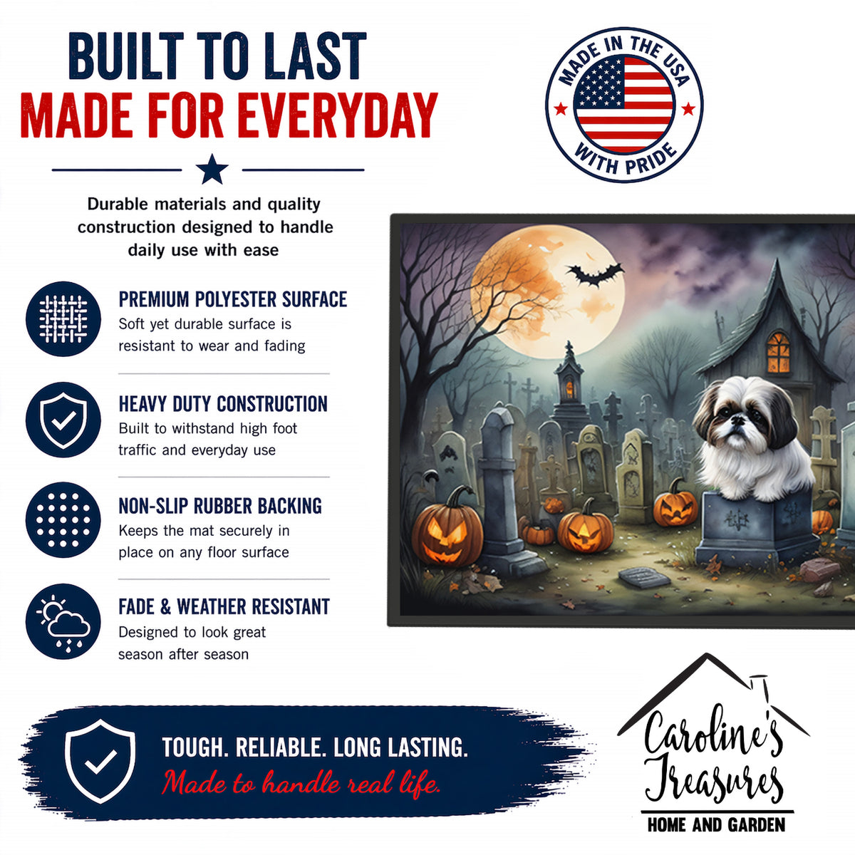 Caroline's Treasures DAC2054MAT Shih Tzu Spooky Halloween Doormat 18x27 Front Door Mat Indoor Outdoor Rugs for Entryway, Non Slip Washable Low Pile, 18H X 27W