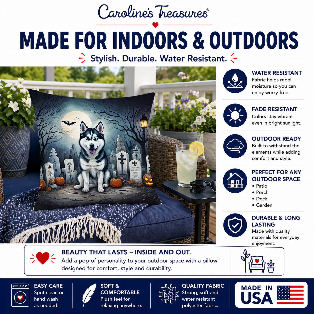 Caroline's Treasures DAC2055PW1414 Siberian Husky Spooky Halloween Fabric Decorative Pillow Machine Washable, Indoor Outdoor Decorative Pillow for Couch, Bed or Patio, 14Hx14W
