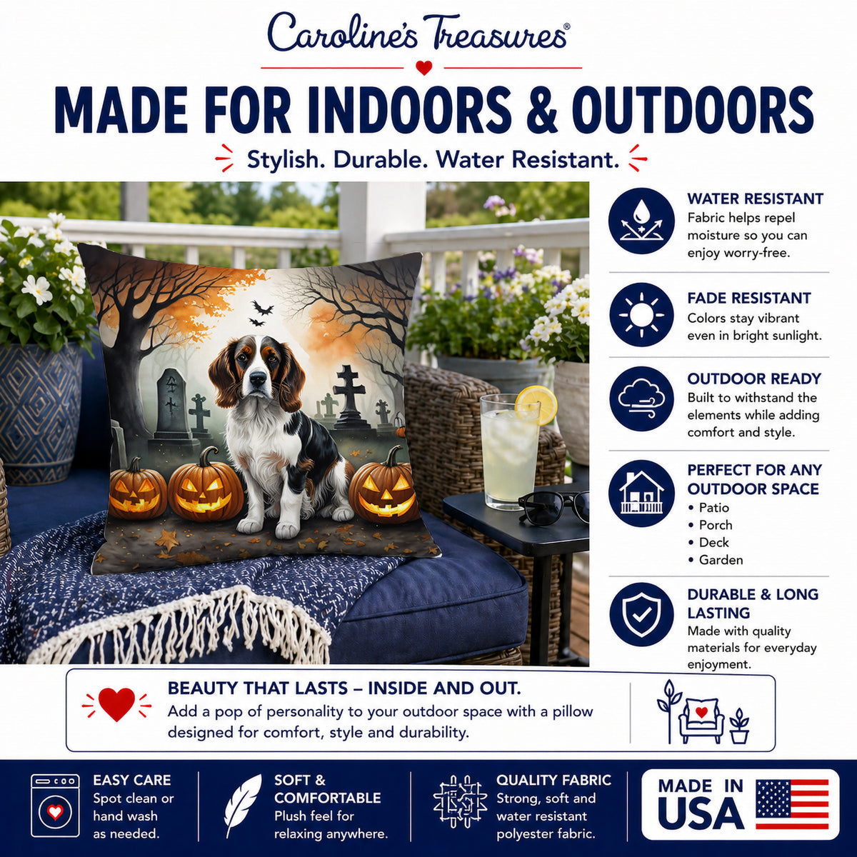 Caroline's Treasures DAC2057PW1818 Welsh Springer Spaniel Spooky Halloween Fabric Decorative Pillow Machine Washable, Indoor Outdoor Decorative Pillow for Couch, Bed or Patio, 18Hx18W