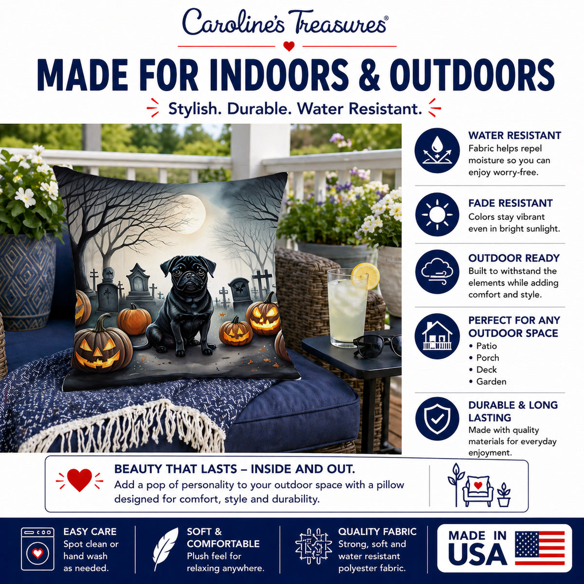 Caroline's Treasures DAC2065PW1818 Black Pug Spooky Halloween Fabric Decorative Pillow Machine Washable, Indoor Outdoor Decorative Pillow for Couch, Bed or Patio, 18Hx18W