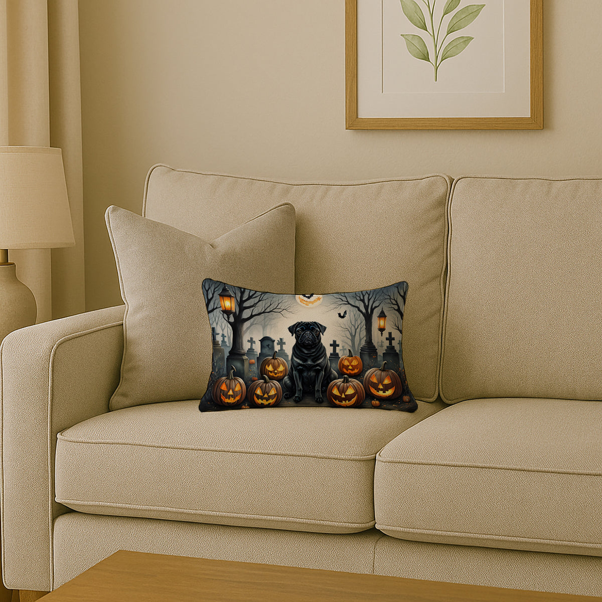 Caroline's Treasures DAC2066PW1216 Black Pug Spooky Halloween Fabric Decorative Pillow Machine Washable, Indoor Outdoor Decorative Pillow for Couch, Bed or Patio, 12HX16W