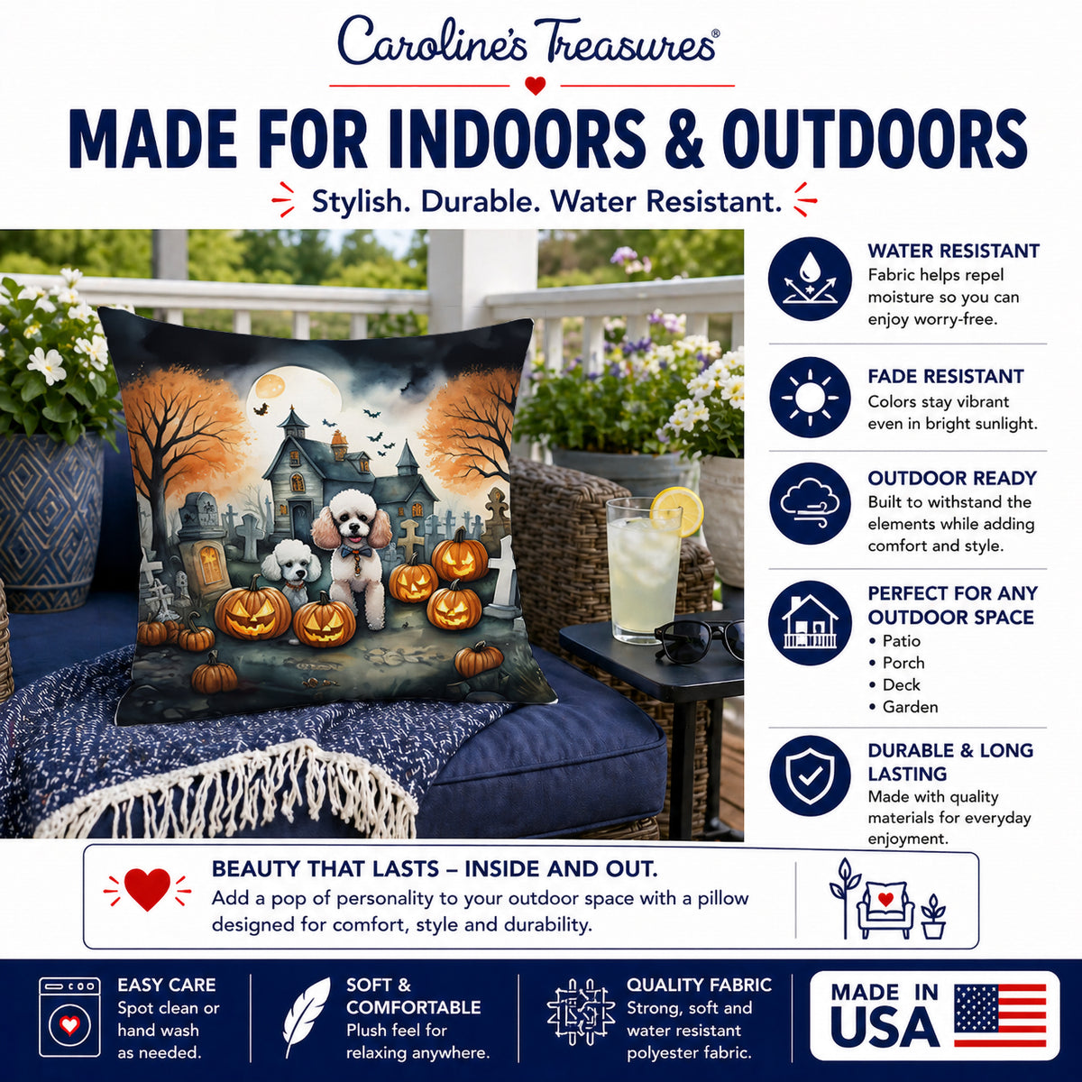 Caroline's Treasures DAC2067PW1818 Poodle Spooky Halloween Fabric Decorative Pillow Machine Washable, Indoor Outdoor Decorative Pillow for Couch, Bed or Patio, 18Hx18W