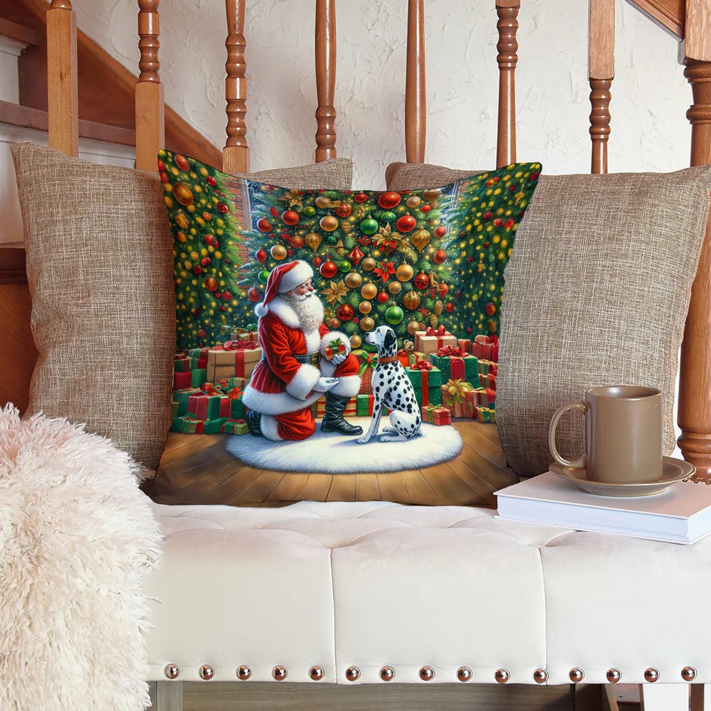 Caroline’s Treasures Dalmatian and Santa 14” x 14” Throw Pillow