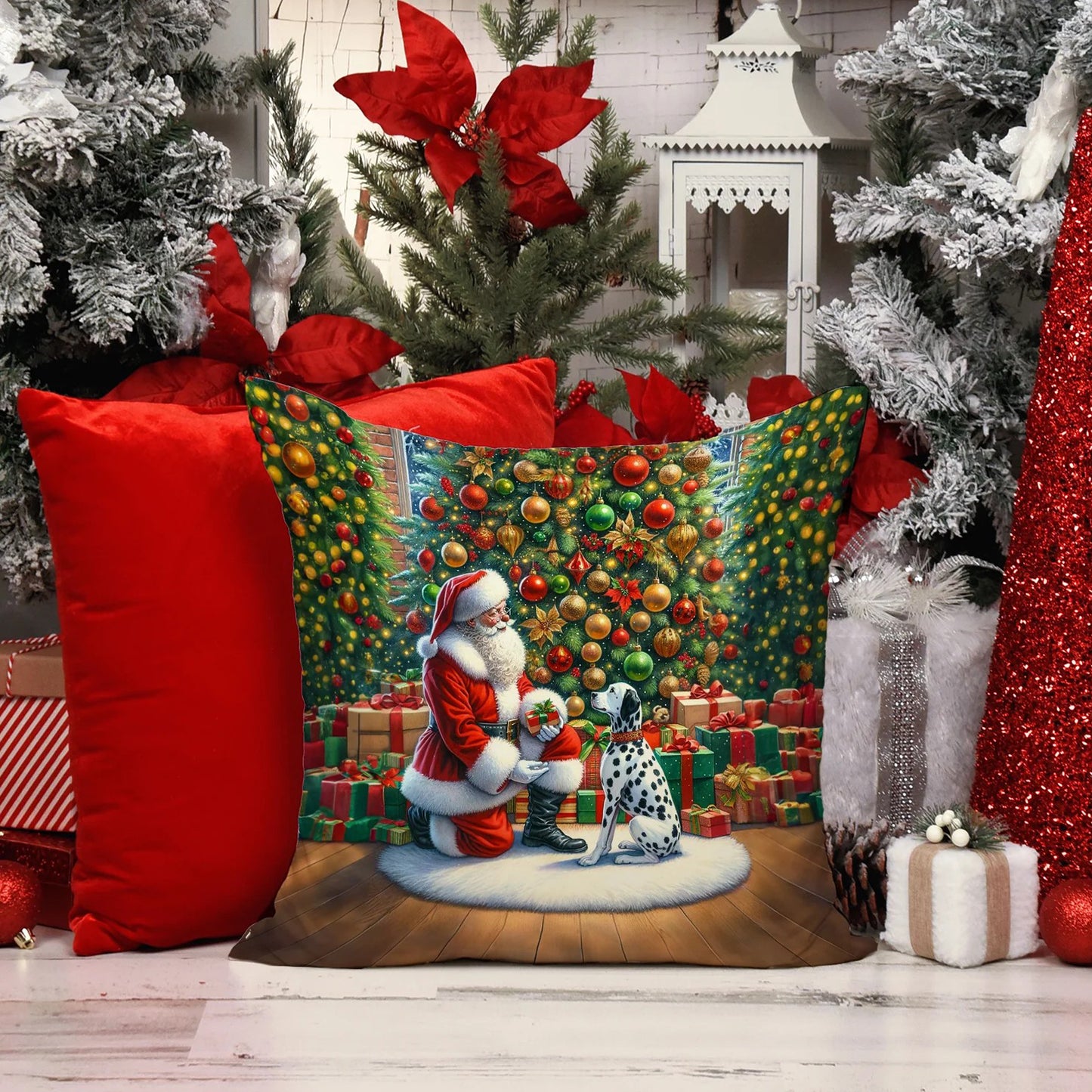 Caroline’s Treasures Dalmatian and Santa 14” x 14” Throw Pillow