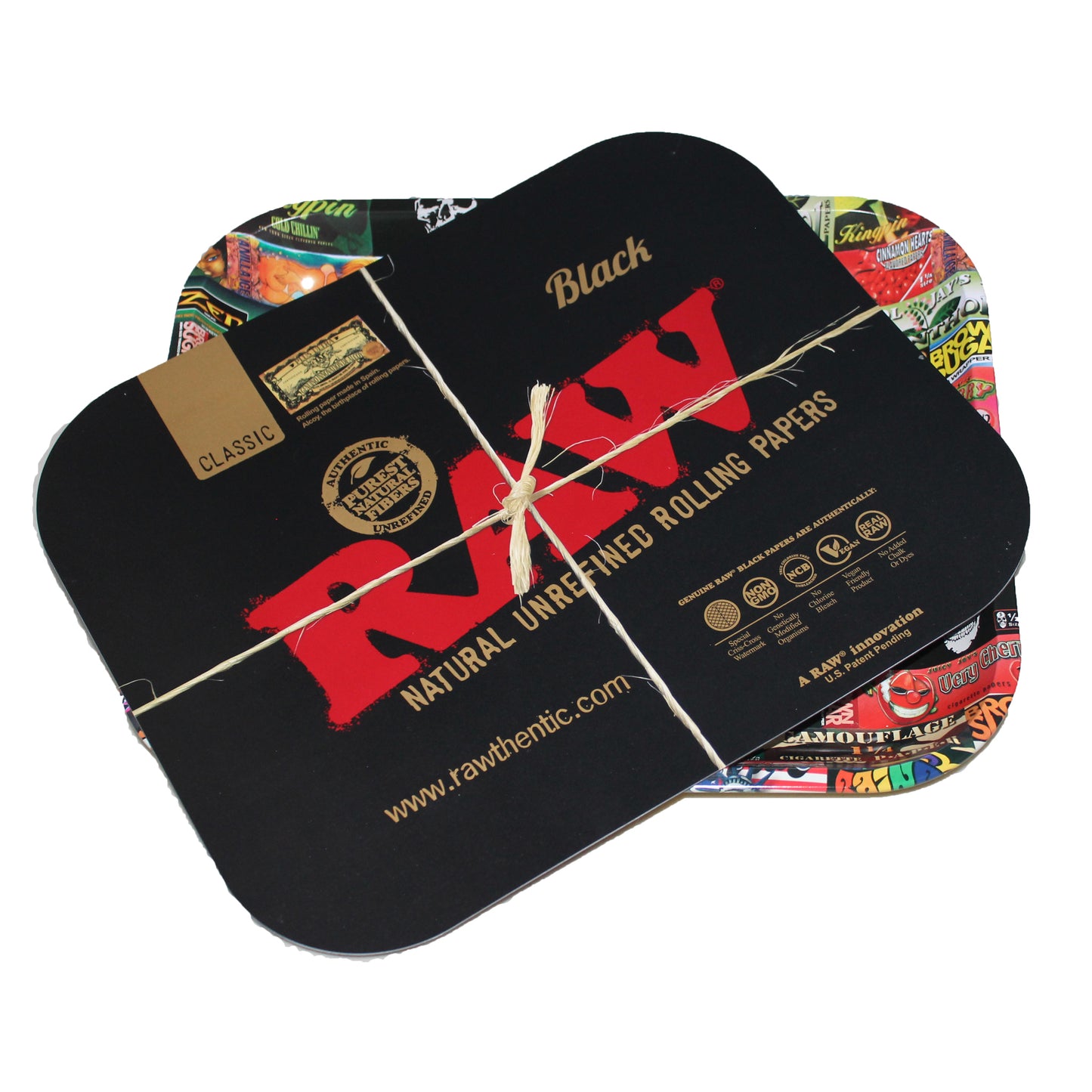 RAW Large History Tray with Black Magnetic Lid – 14x11x1.25 inches, metal tray with illustrated rolling paper timeline