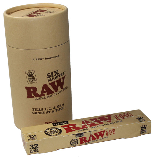 RAW King Size Six Shooter and 32 Pre-Rolled Cones – Fast, clean, and easy cone filling bundle