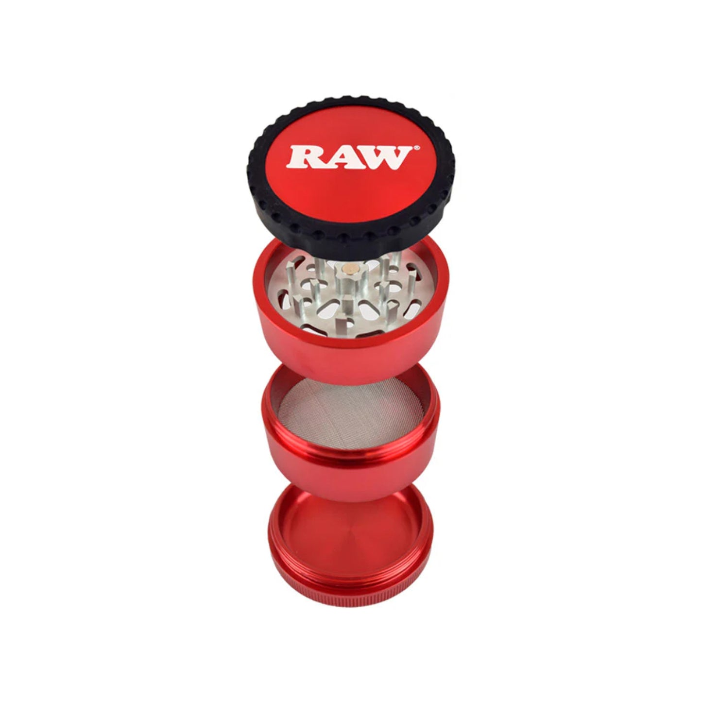 RAW Life Grinder – Red 4-piece modular grinder with rubberized grip and large catch basin