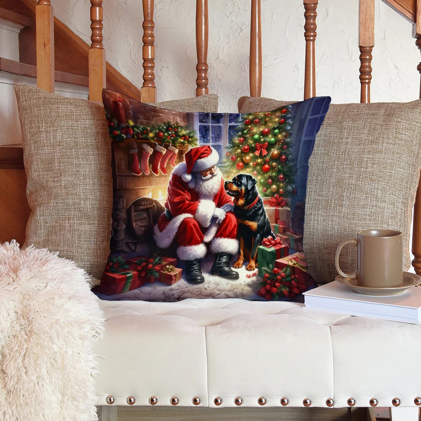Caroline’s Treasures Rottweiler and Santa 14” x 14” Throw Pillow
