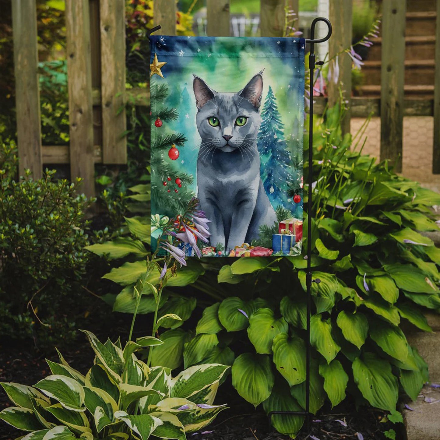Caroline's Treasures Decorative Russian Blue Cat by the Christmas Tree Garden Flag