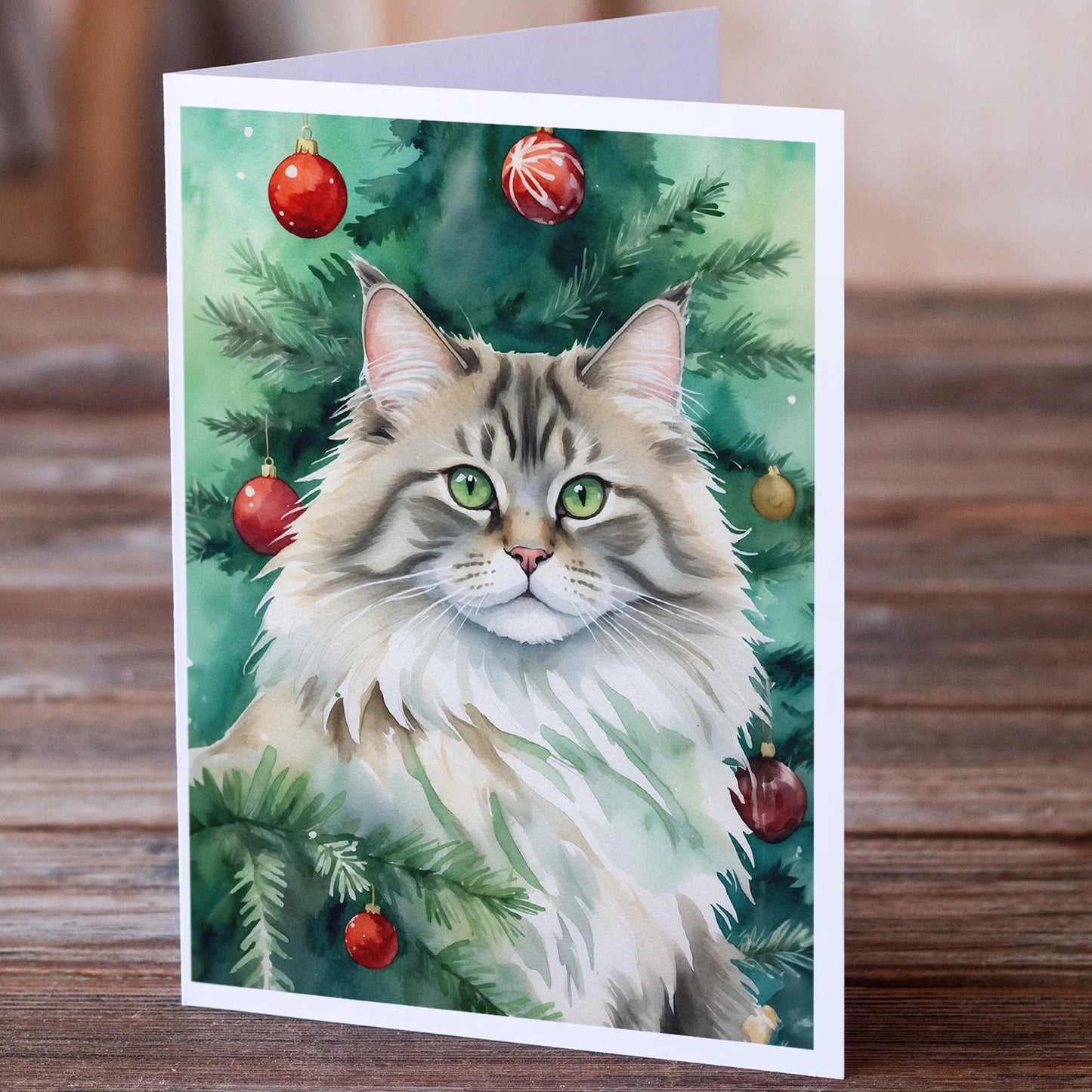 Caroline's Treasures -Siberian Cat by the Christmas Tree Greeting Cards -8 Pack