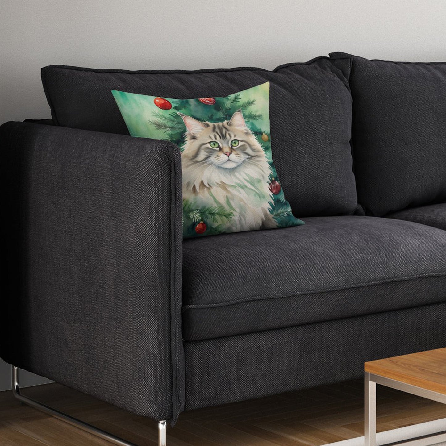 Caroline’s Treasures Siberian Cat by the Christmas Tree 14” x 14” Throw Pillow
