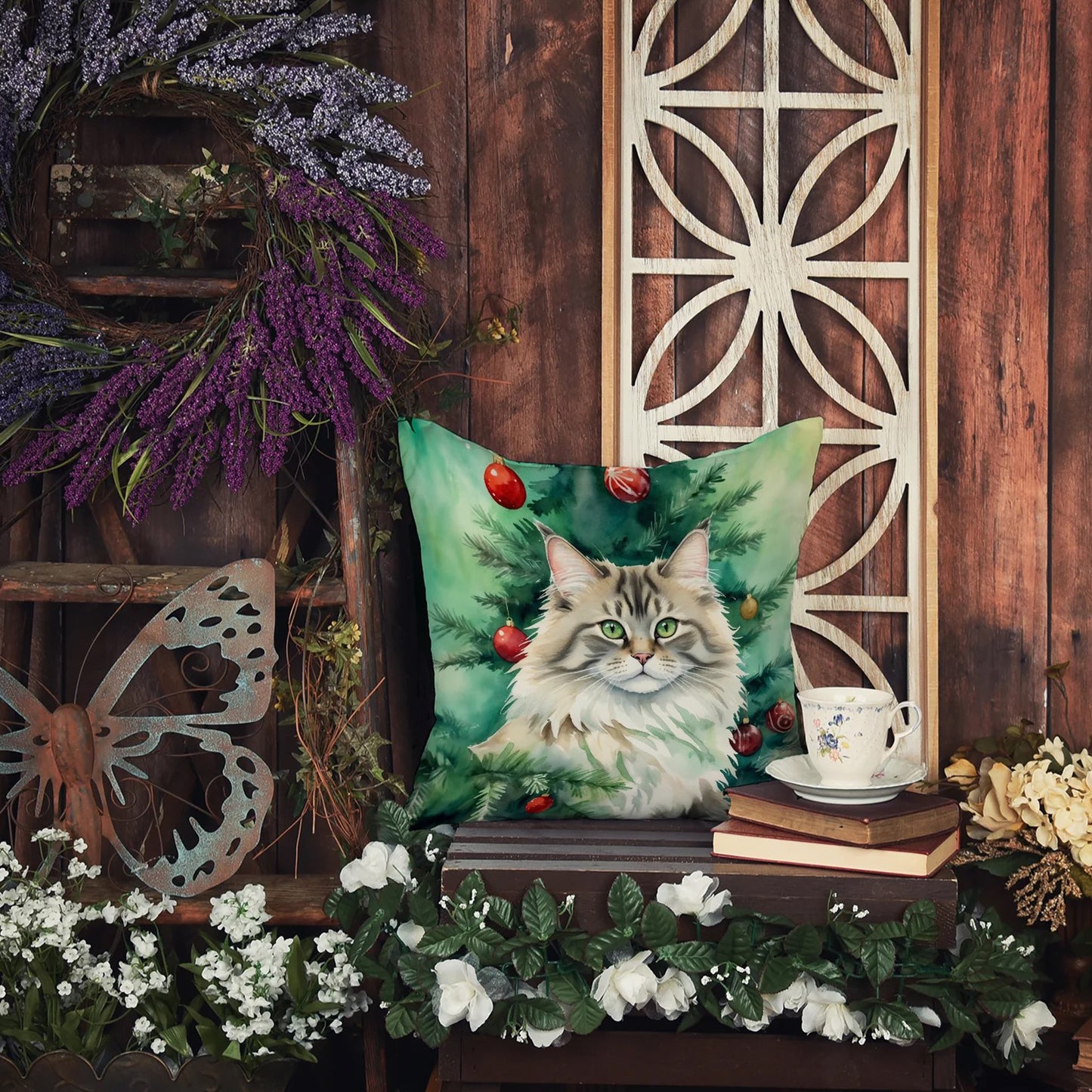 Caroline’s Treasures Siberian Cat by the Christmas Tree 14” x 14” Throw Pillow