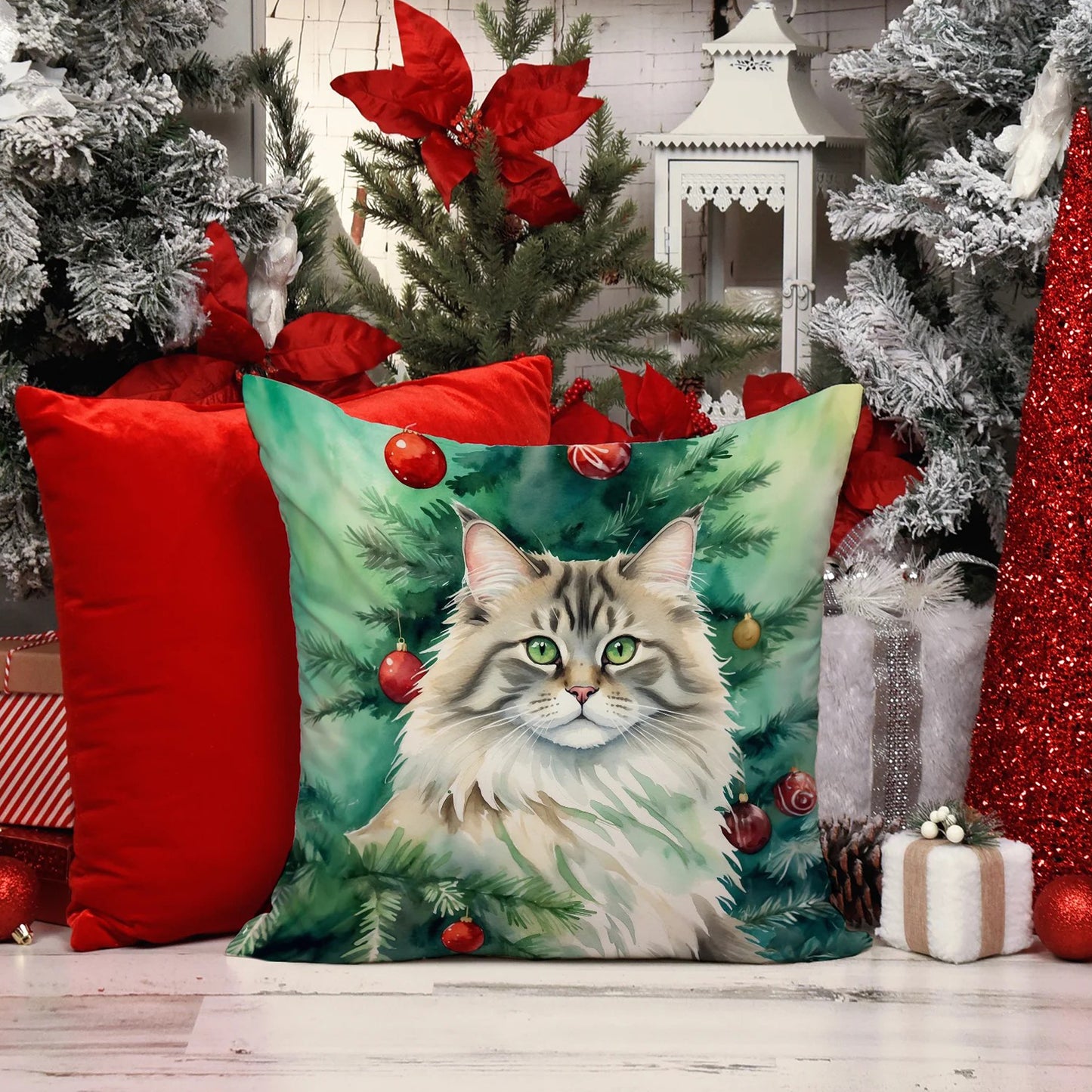Caroline’s Treasures Siberian Cat by the Christmas Tree 14” x 14” Throw Pillow